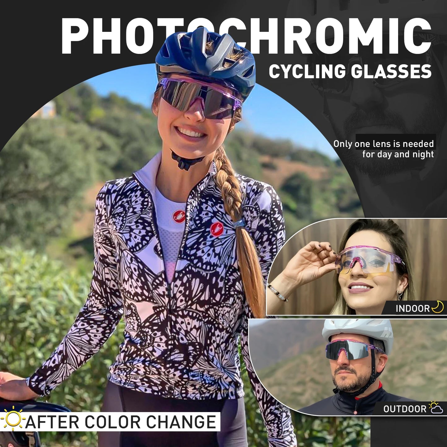 Lentes de sol fotocromáticos UV 400 para actividades al aire libre.