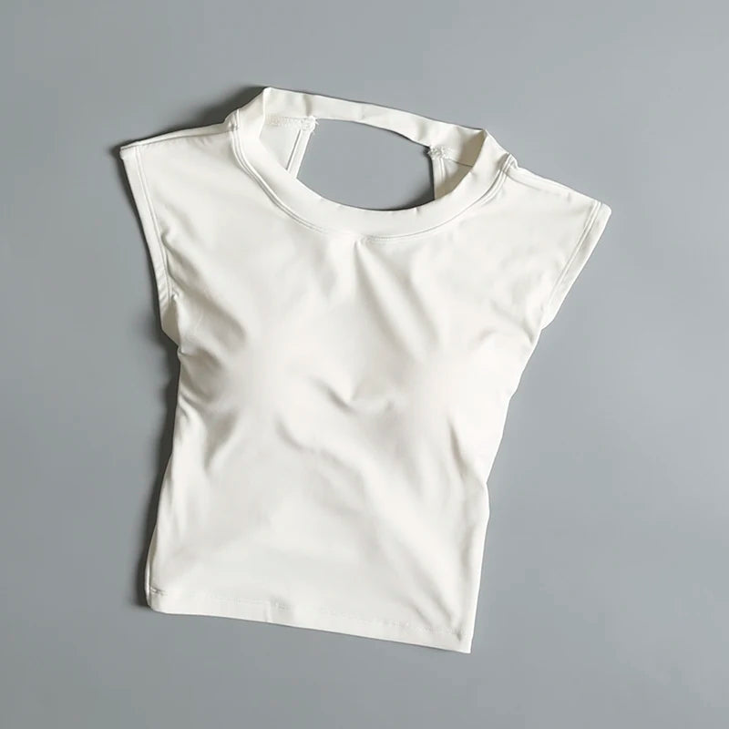 Camiseta deportiva corta sin espalda con almohadillas fijas en el pecho para mujer
