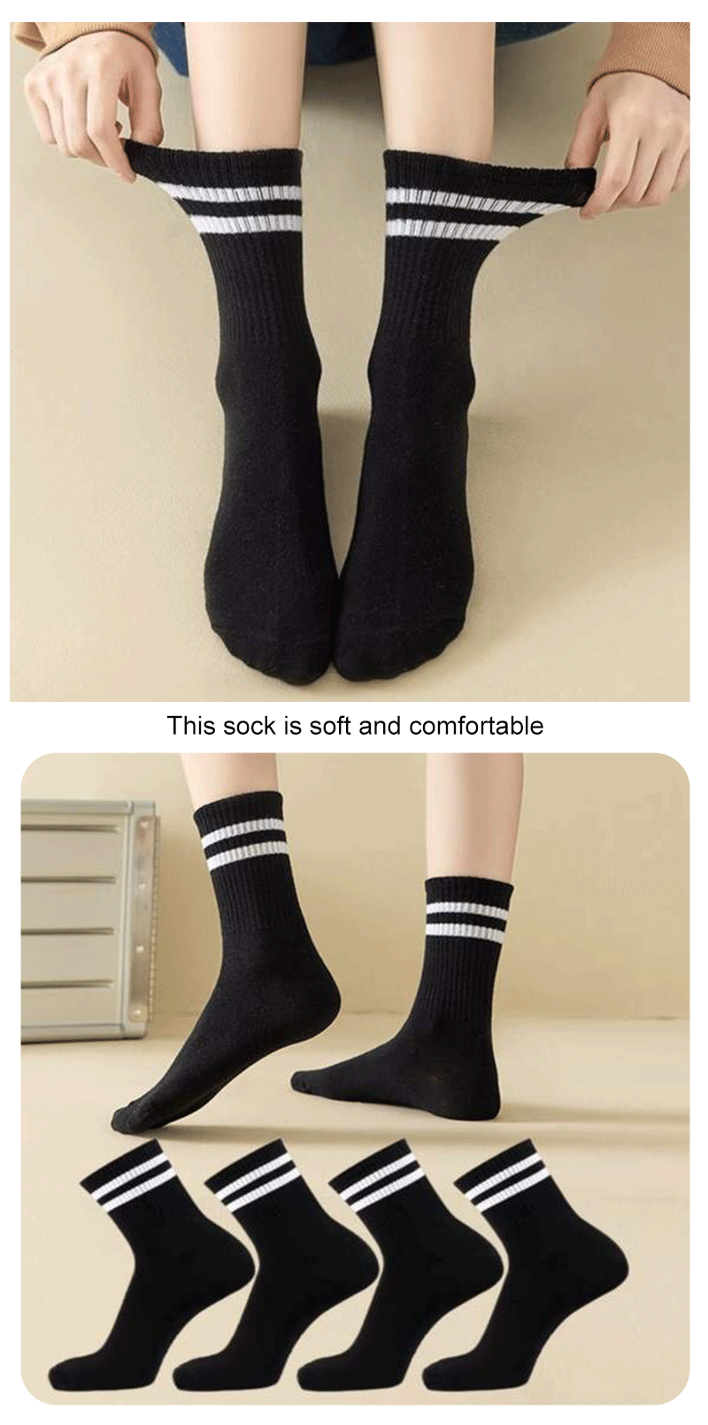 4 Pares de calcetines versátiles para mujer con patrón de barras paralelas